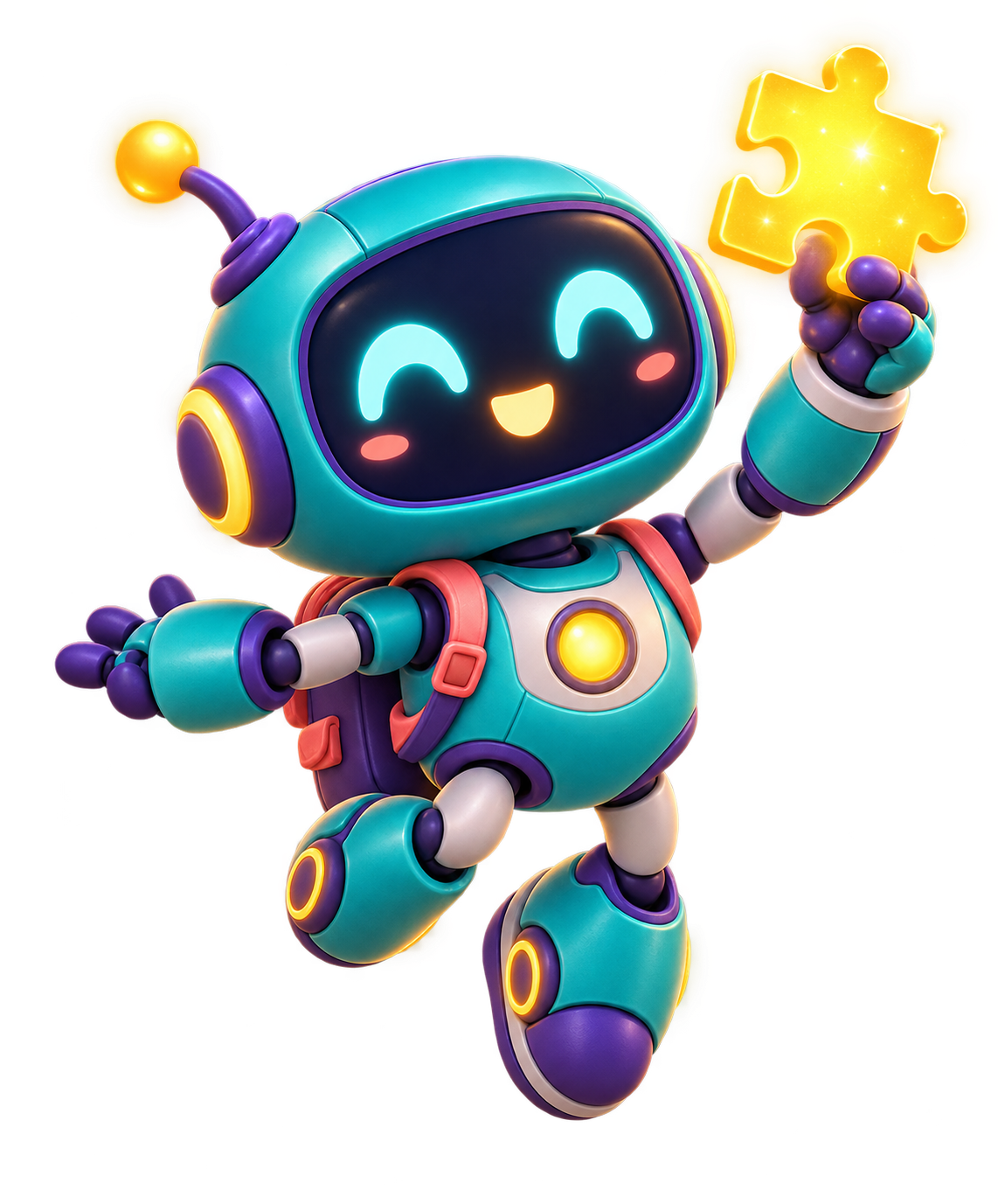 Byte, the Code Quest robot guide, holding a glowing puzzle piece